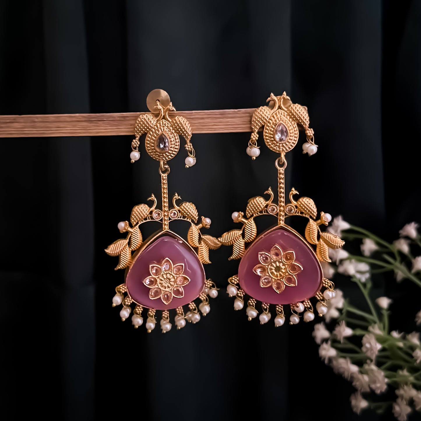 Imani Premium Kashmiri Brass Earrings - Golden & Pastel Pink