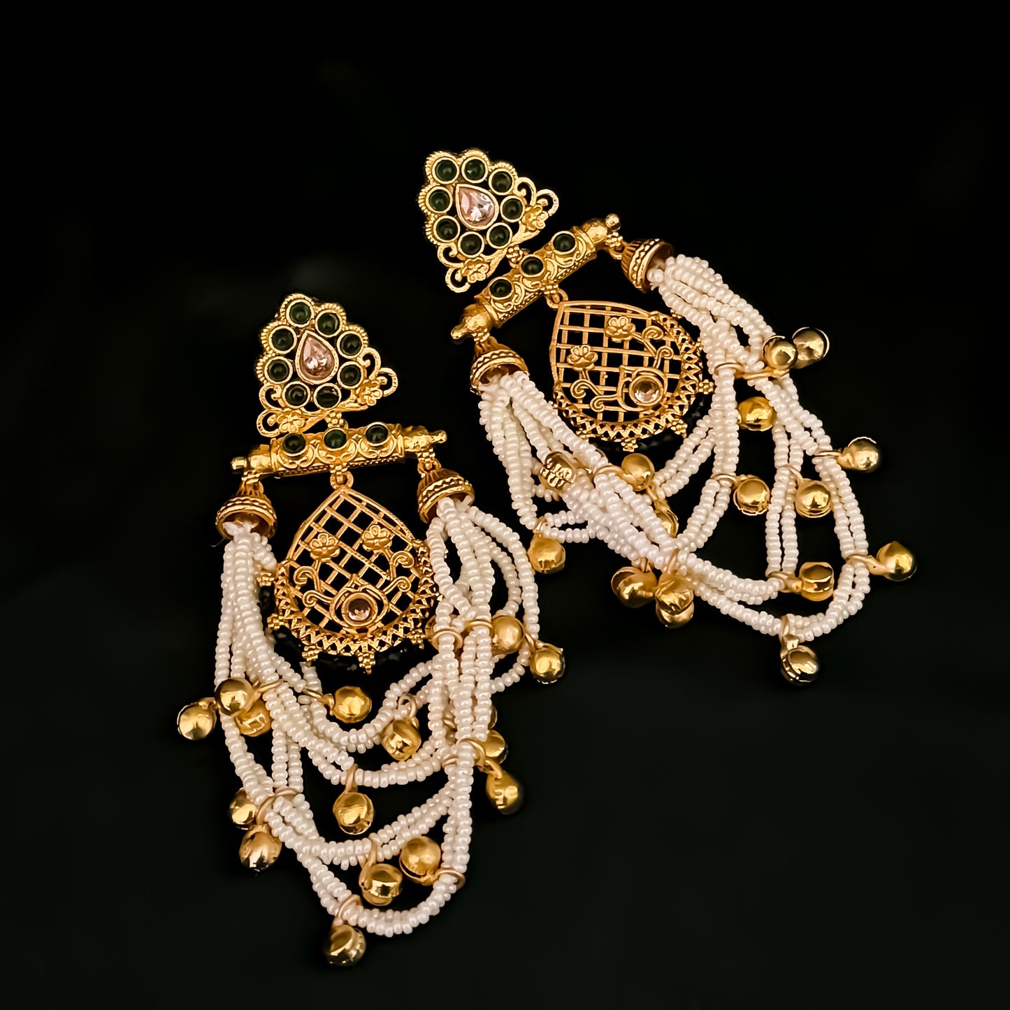 Shambhavi Premium Kashmiri Brass Pearl Chandbali Earrings - Green