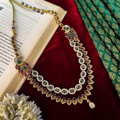 Aarna Double Layer Temple Necklace Set - Pink & Green