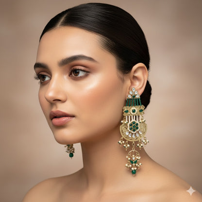 Raaj Rani Fusion Chandbali Earrings - Green