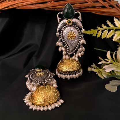 Ruhani Premium Brass Dual Tone Jhumka Earrings - Green