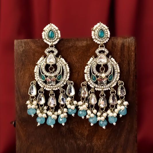 Athiya Kundan Pearl Premium Chandbali Earrings - Sky Blue/Firozi