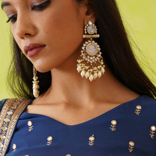 Shravani Golden Pearl Chandbali Earrings