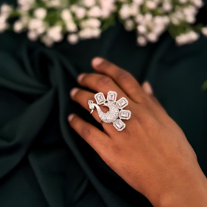 Pretty Peacock American Diamond Silver Adjustable Ring