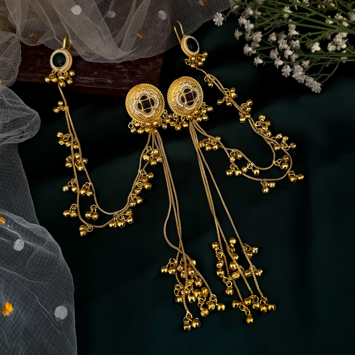 Shazia Premium Kashmiri Brass Ghungroo Earrings with Sahara/Earchains - Pink & Green