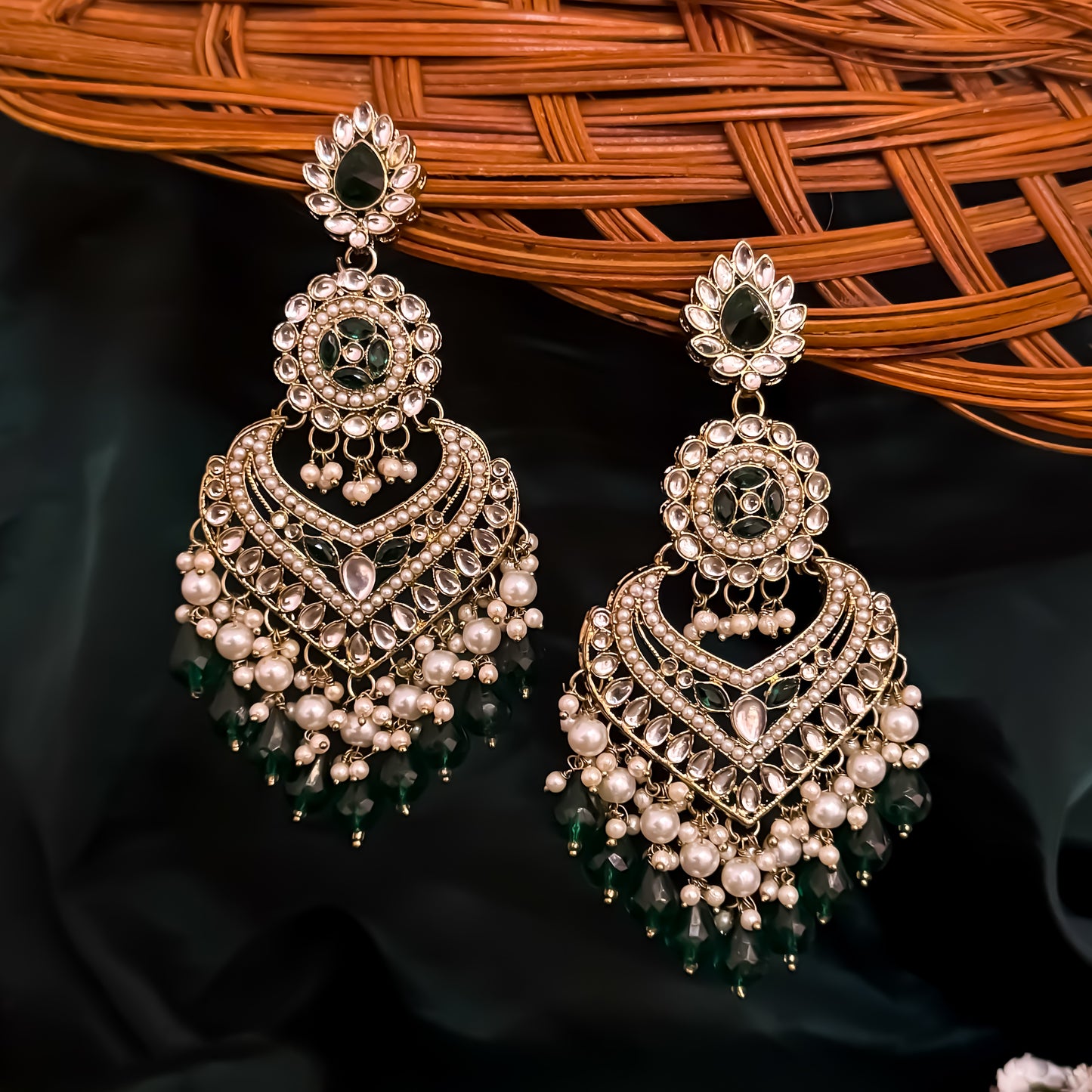 Shaba Jadau Kundan Chandbali Earrings - Green