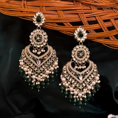 Shaba Jadau Kundan Chandbali Earrings - Green