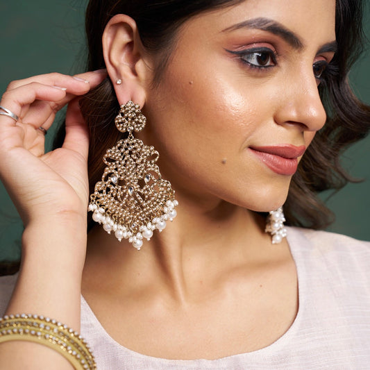 Shravya Jadau Chandbali Earrings - Golden