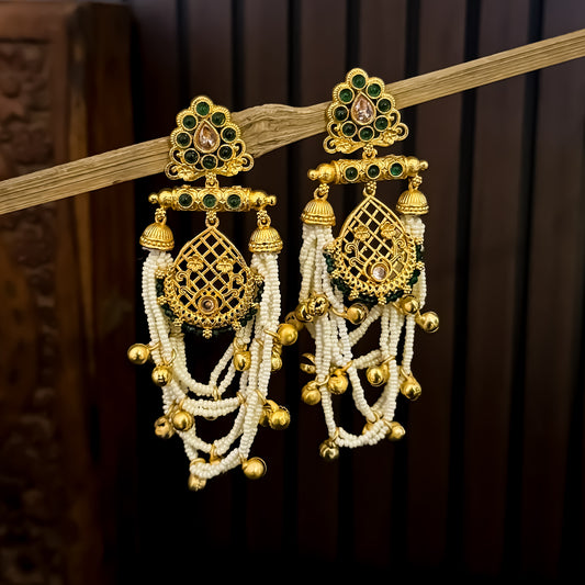 Shambhavi Premium Kashmiri Brass Pearl Chandbali Earrings - Green