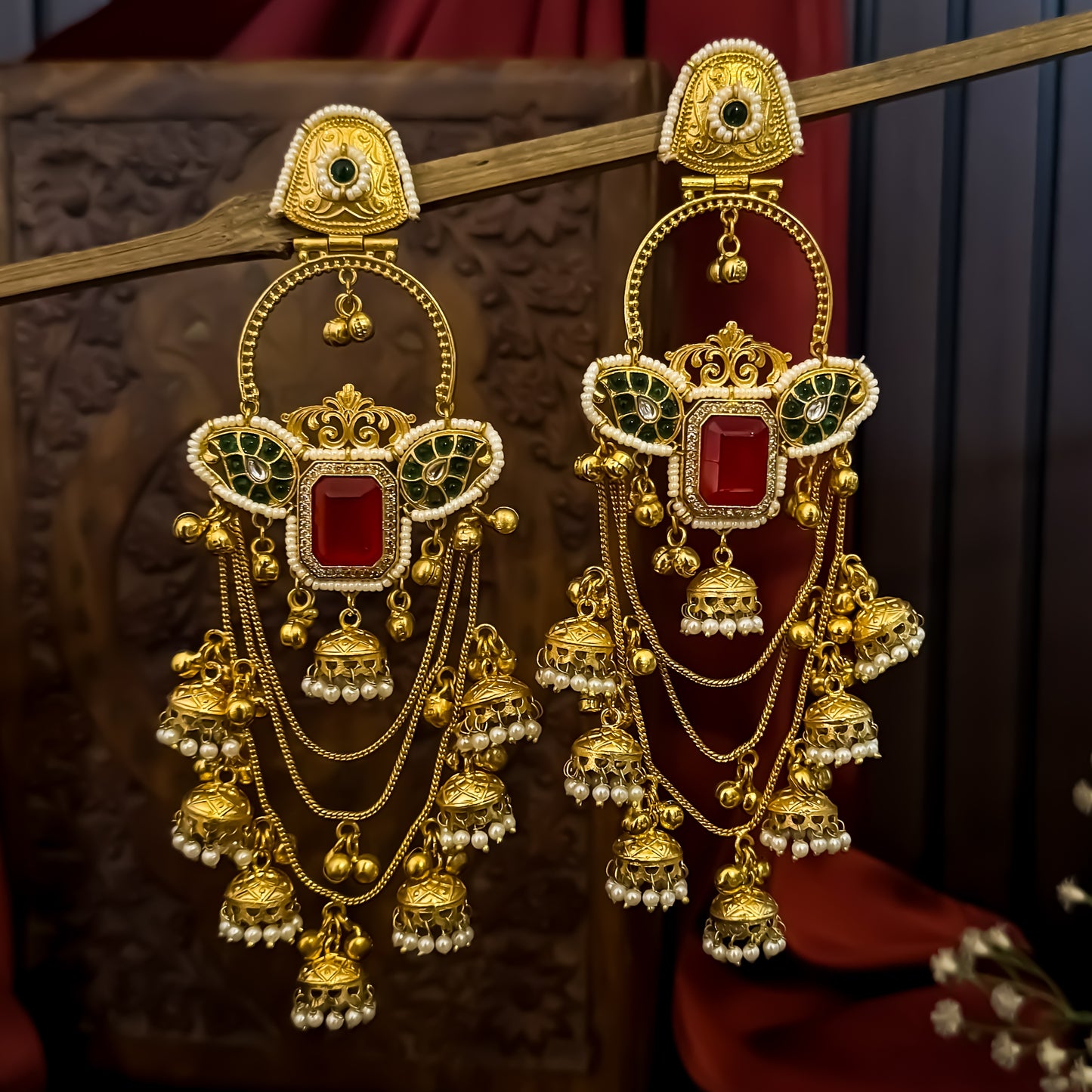Masakali Premium Kashmiri Brass Ghungroo Chandbali Earrings - Red & Green