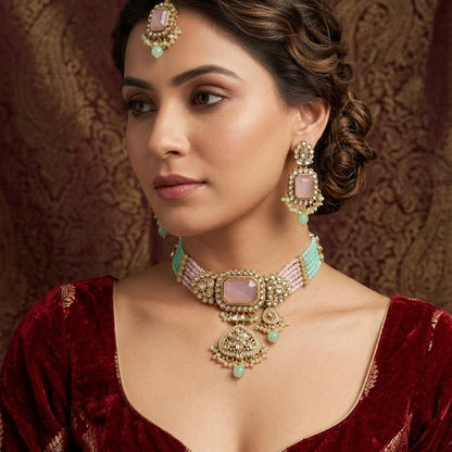 Shriya Royal Kundan Choker Necklace Set - Pastel Pink & Green