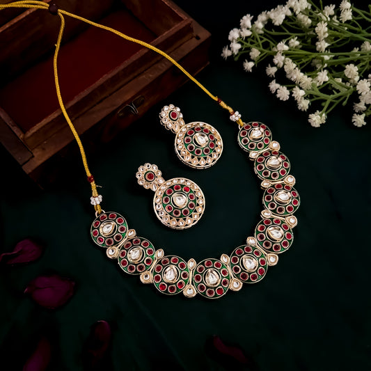Brinda Kundan Necklace Set- Pink & Green