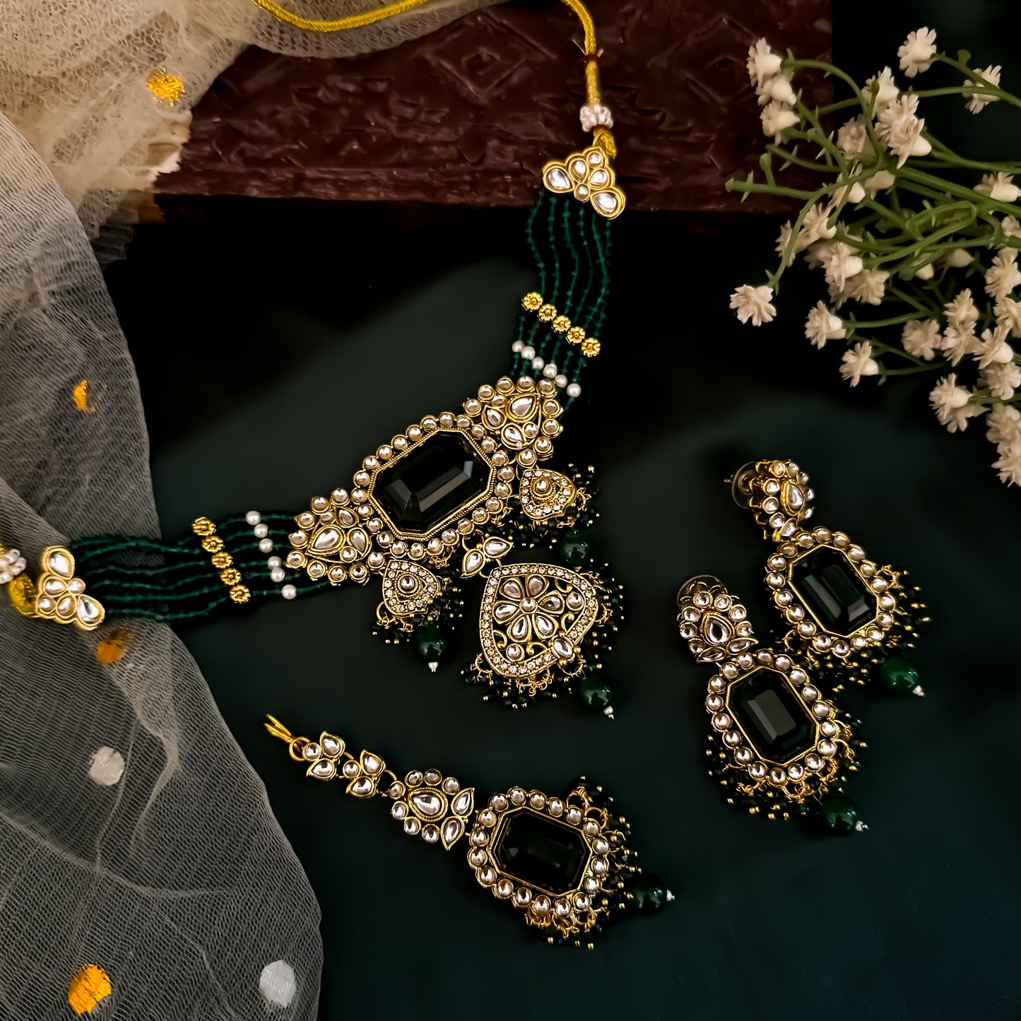Shriya Kundan Choker Necklace Set - Green