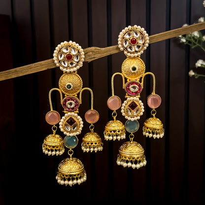 Umrao Kashmiri Jhumka Earrings- Pastel Pink & Green