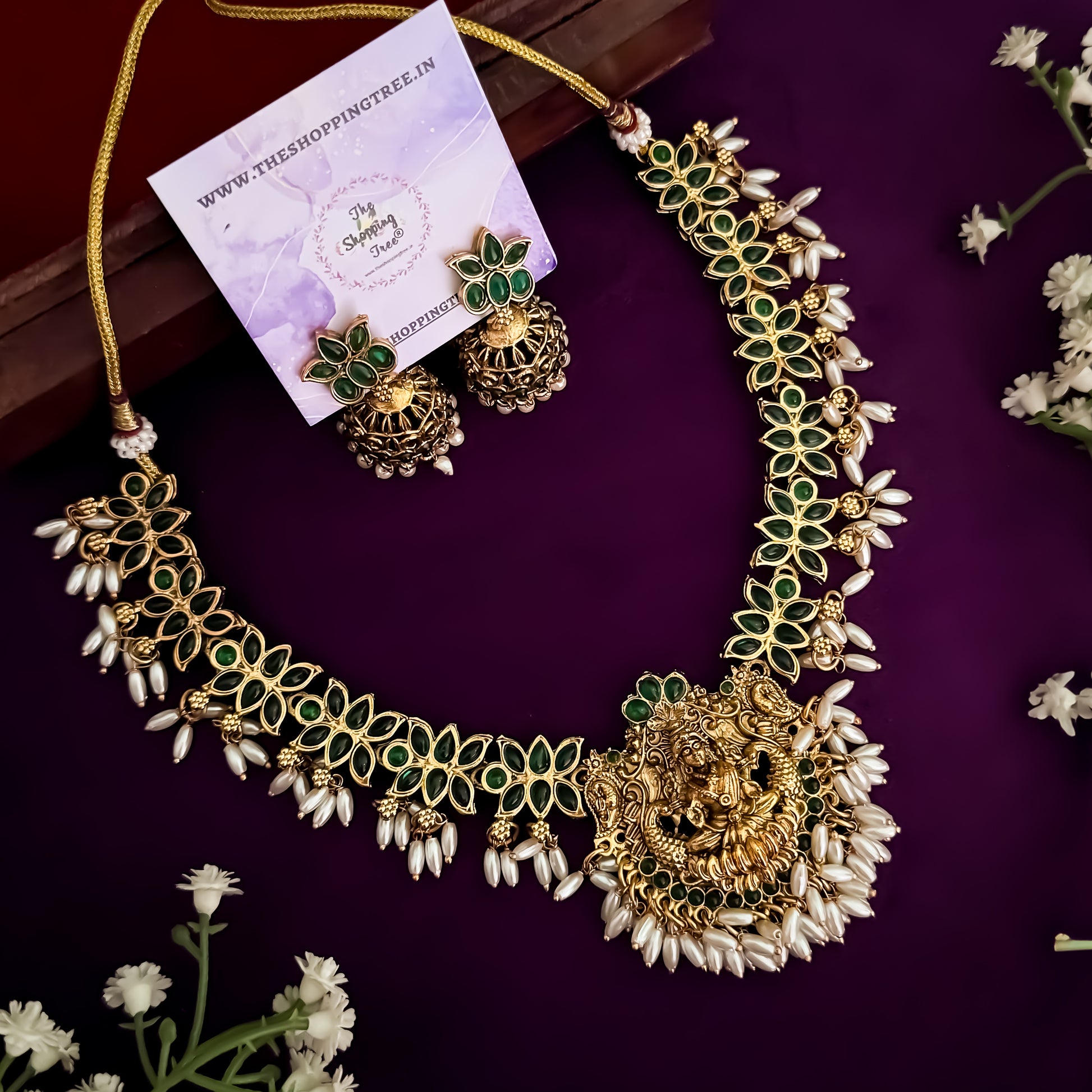 Lotus Lakshmi Rice Pearls Green Necklace Set with Earrings