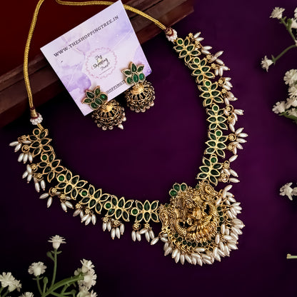 Lotus Lakshmi Rice Pearls Green Necklace Set with Earrings