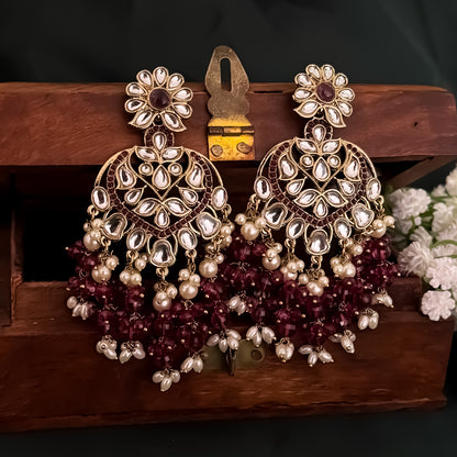 Aayat Kundan Pearl Chandbali Earrings - Wine