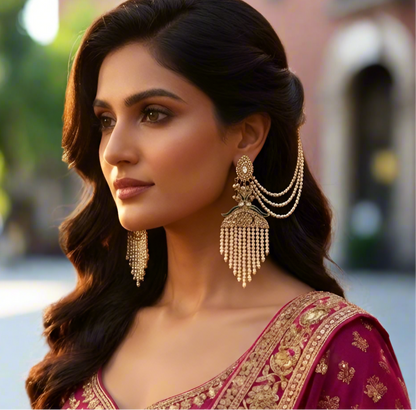 Saira Pearl Peacock Chandbali Earrings with Sahara/Earchains