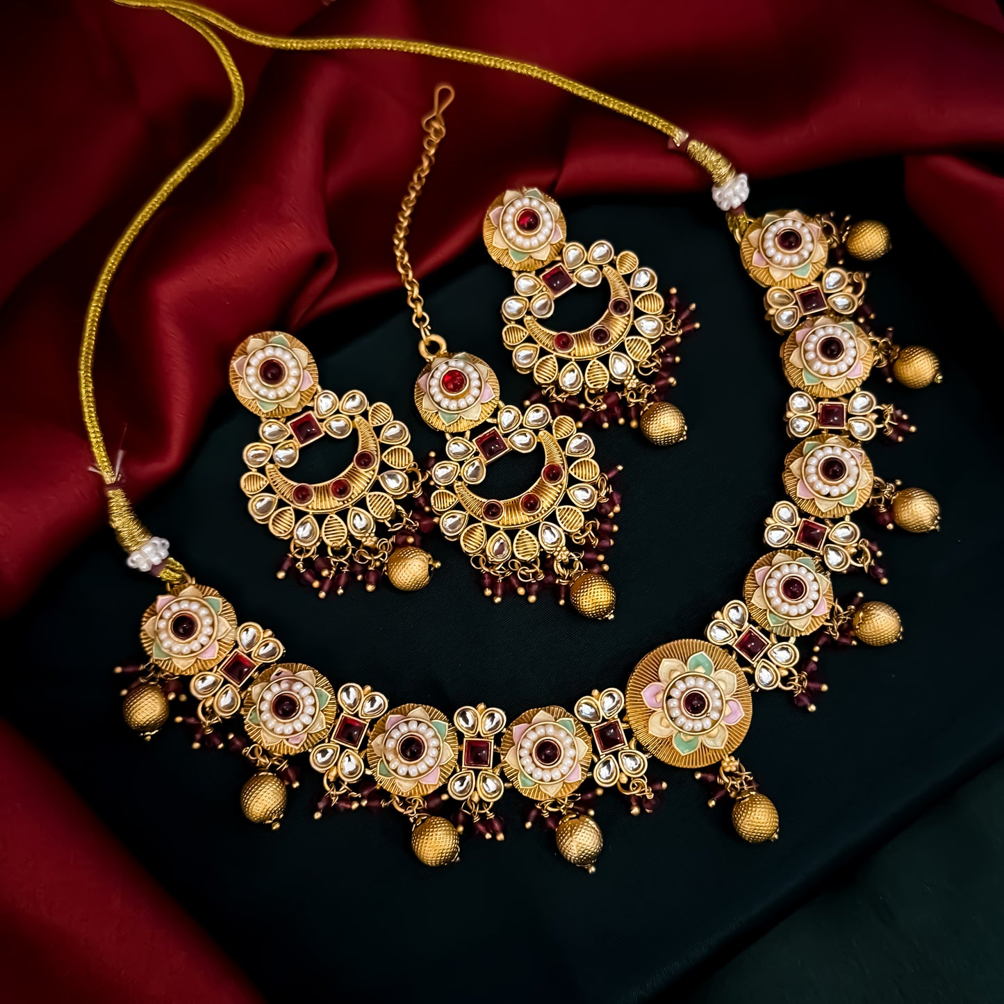 Sayantika Rajwadi Matte Polish Necklace Set - Magenta Pink