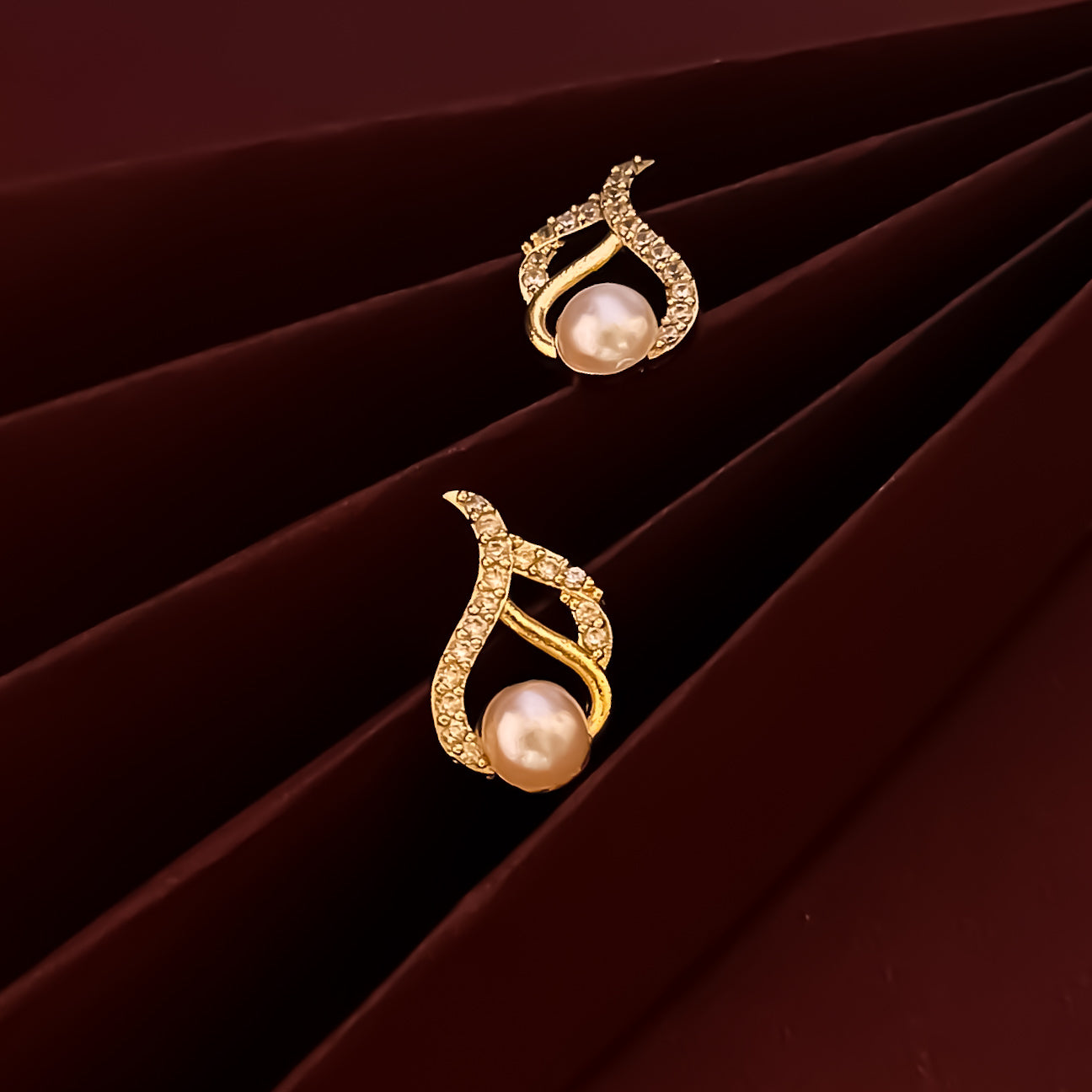 Elsa American Diamond Pearl Stud Earrings - Golden