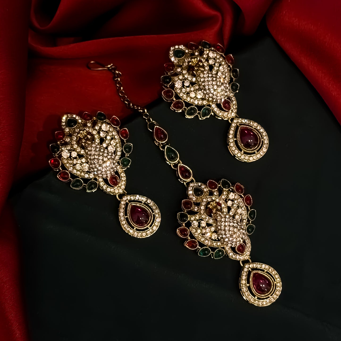 Yasmin Peacock Reverse AD Necklace Set - Pink & Green