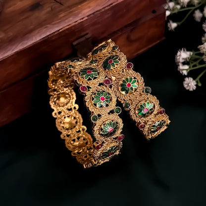 Keerthana Temple Gold Bangles - Set of 2 (Pink & Green)