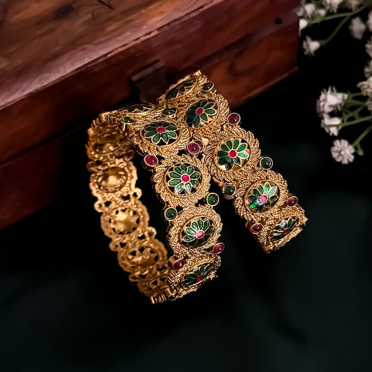 Keerthana Temple Gold Bangles - Set of 2 (Pink & Green)