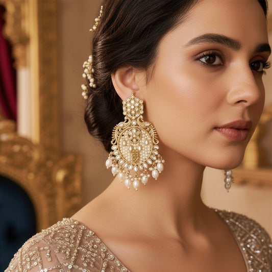 Dhwani Kundan Pearl Chandbali Earrings - Golden