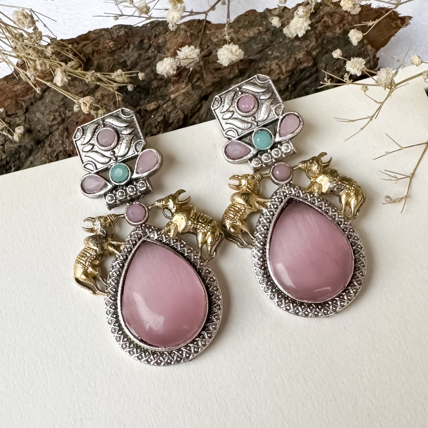 Nandi Monalisa Stone Dual Tone SLA Earrings- Pastel Pink