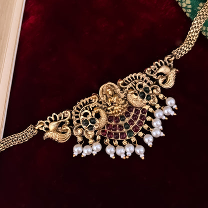 Lekha Peacock Lakshmi Temple Choker Necklace Set - Pink & Green