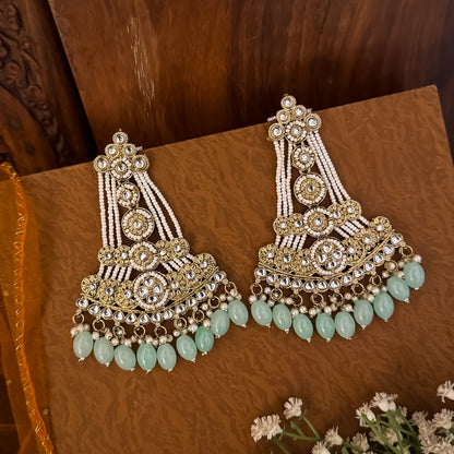 Pastel Green Kinza Kundan Pearl Chandbali Earrings