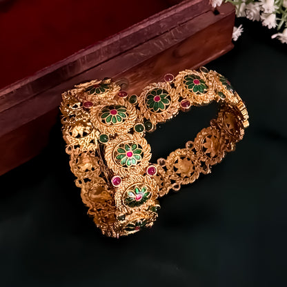 Keerthana Temple Gold Bangles - Set of 2 (Pink & Green)