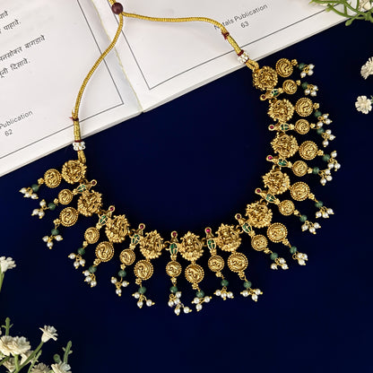 Prajakta Lakshmi Temple Motif Necklace Set - Green & Pink