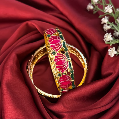 Pink Nalini Lotus Lakshmi Temple Gold Bangles - Set of 2