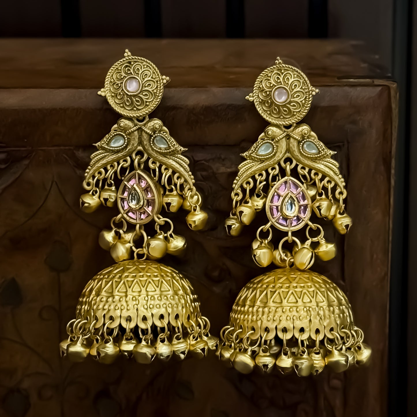 Jhalak Premium Kashmiri Matte Polish Ghungroo Jhumka Earrings - Pastel Pink & Green