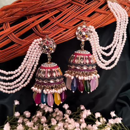 Mehvish Jadau Reverse AD Jhumka Earrings with Earchain - Multi