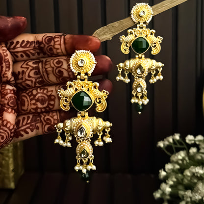 Shahana Kashmiri Matte Brass Ghungroo Earrings - Green