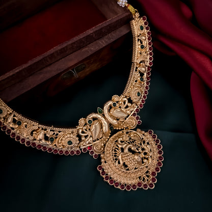 Shreyanshi  Lakshmi Temple Motif Hasli Necklace Set - Golden