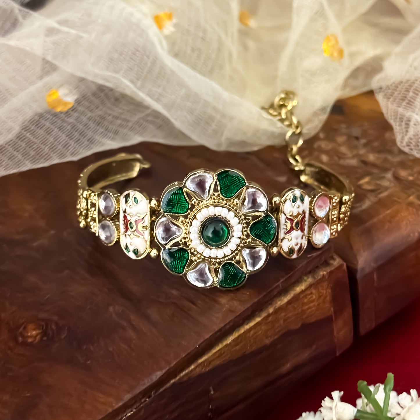 Green Farukh Kashmiri Kundan Adjustable Bracelet