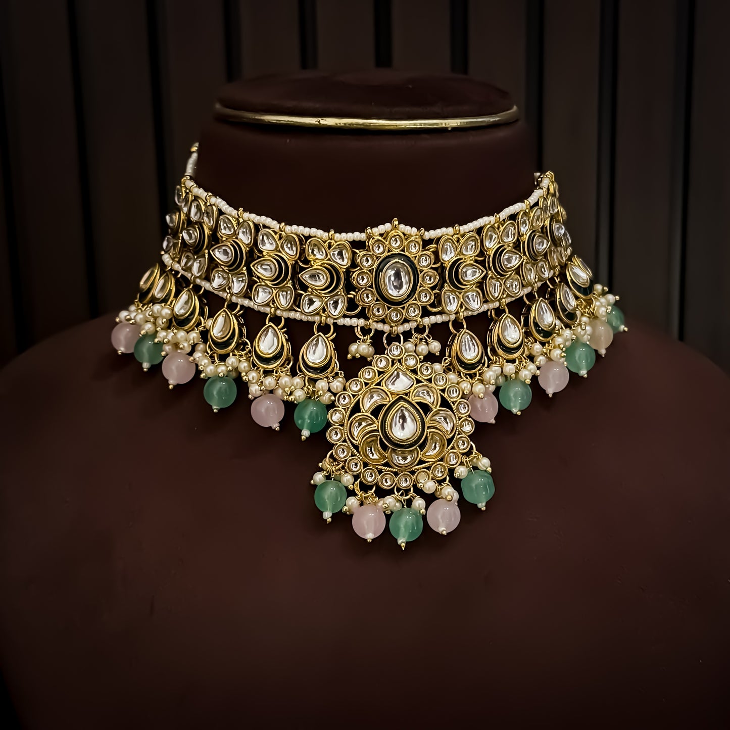 Rosen Kundan Necklace Set - Pastel Pink & Green