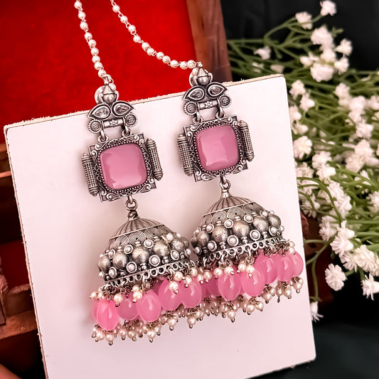 Sadaf Brass Jhumka Earrings with Earchains - Pastel Pink
