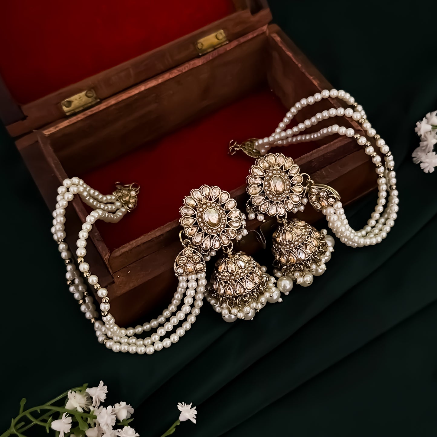 Noorani Reverse AD Necklace Set with Jhumka Sahara Earrings & Teeka - Golden
