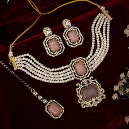 Vivan Victorian Pearl Choker Necklace Set - Pastel Pink