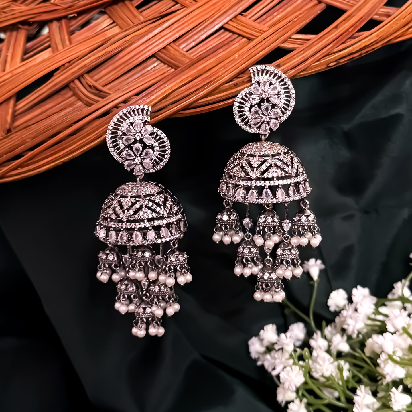 Riyana American Diamond Jhumka & Teeka Set - Black Polish