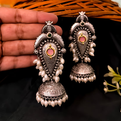 Vishakha Brass Jhumka Earrings - Pastel Pink