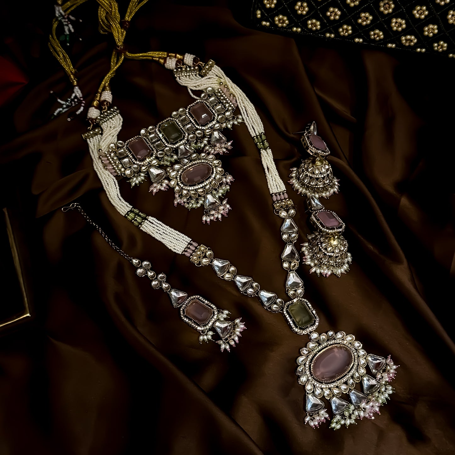 Israni Premium Kundan Long & Short Necklace Set - Pastel Green & Pink