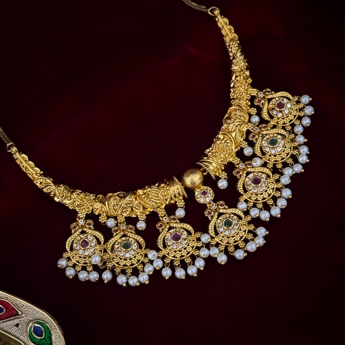 Amrutha Premium Hasli Temple AD Necklace Set - Golden
