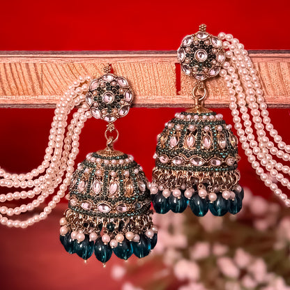 Mehvish Jadau Reverse AD Jhumka Earrings with Earchain - Peacock Blue