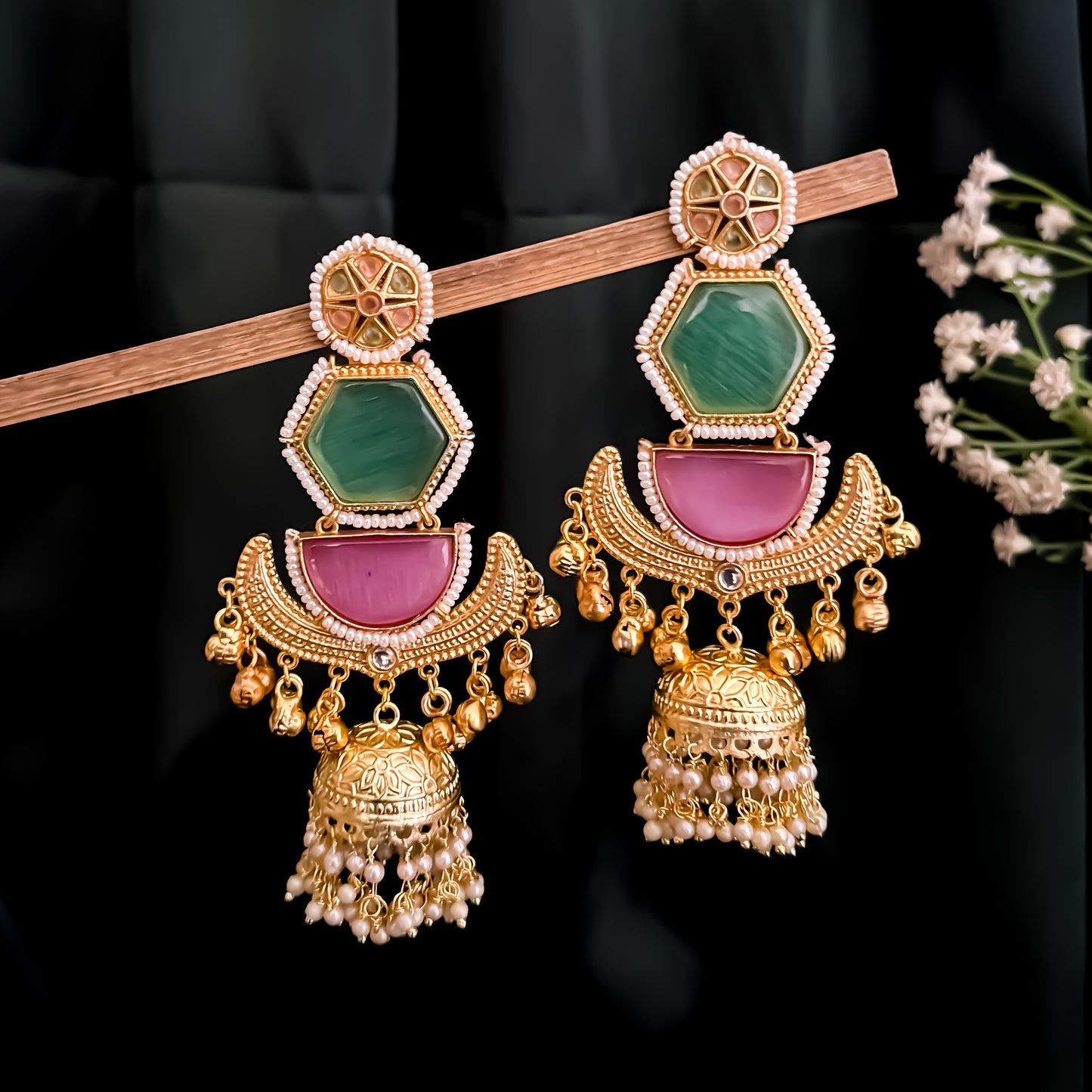 Kaviri Premium Kashmiri Brass Jhumka Ghungroo Earrings - Mint Green & Pink