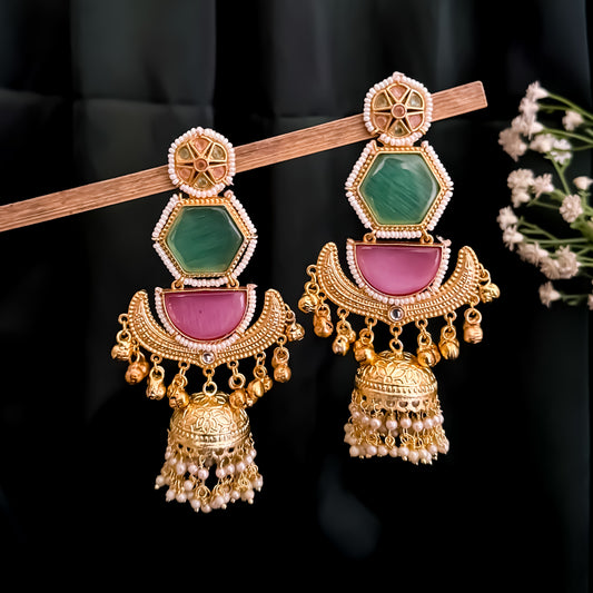 Kaviri Premium Kashmiri Brass Jhumka Ghungroo Earrings - Mint Green & Pink